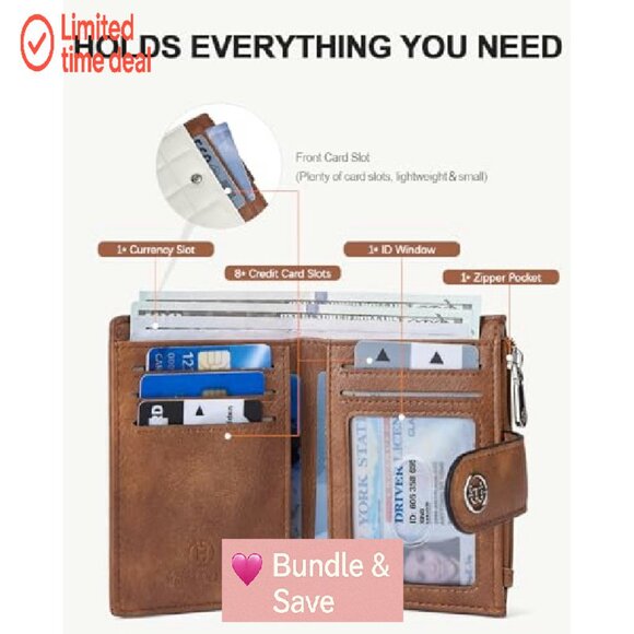 Leather RFID Blocking Bifold Wallet with Zipper Coin Pocket Compact - Picture 5 of 7